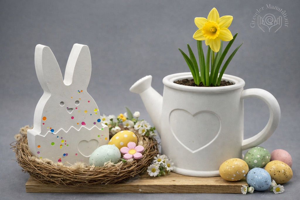 Handgefertigte Keraflott Osterdeko – Hasenfigur & Gießkannen-Übertopf