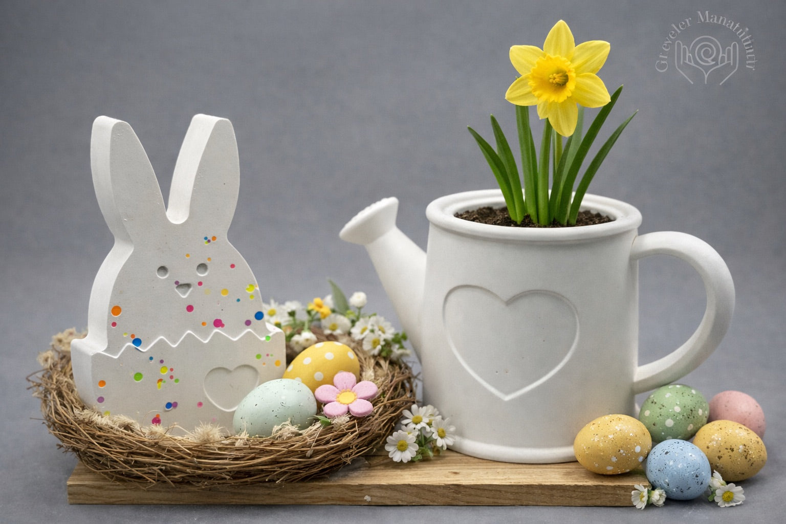 Handgefertigte Keraflott Osterdeko – Hasenfigur & Gießkannen-Übertopf