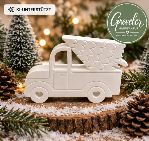 Handgefertigter Deko-Truck mit Tannenbaum aus Keraflott – Greveler Manufaktur, KI-unterstützte Produktdarstellung