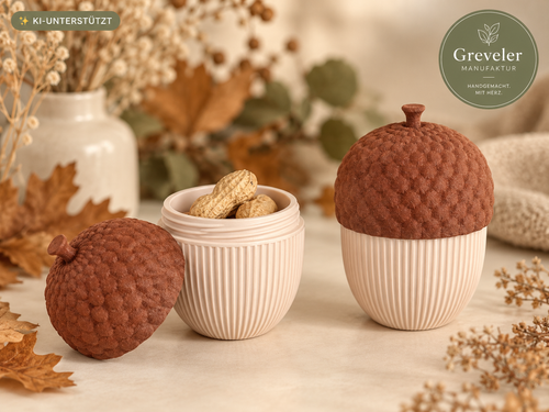 Eicheldose mit Schraubdeckel in Creme und Braun, geöffnet und geschlossen; Lieferung einer Dose ohne Nüsse
