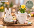 Handgefertigte Osterdeko mit Hasenfigur und Gießkannen-Übertopf – Greveler Manufaktur
