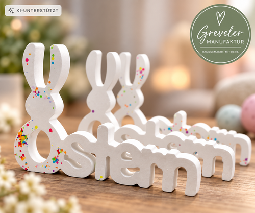 Handgefertigter Ostern-Schriftzug mit Hasen aus Keraflott – Greveler Manufaktur