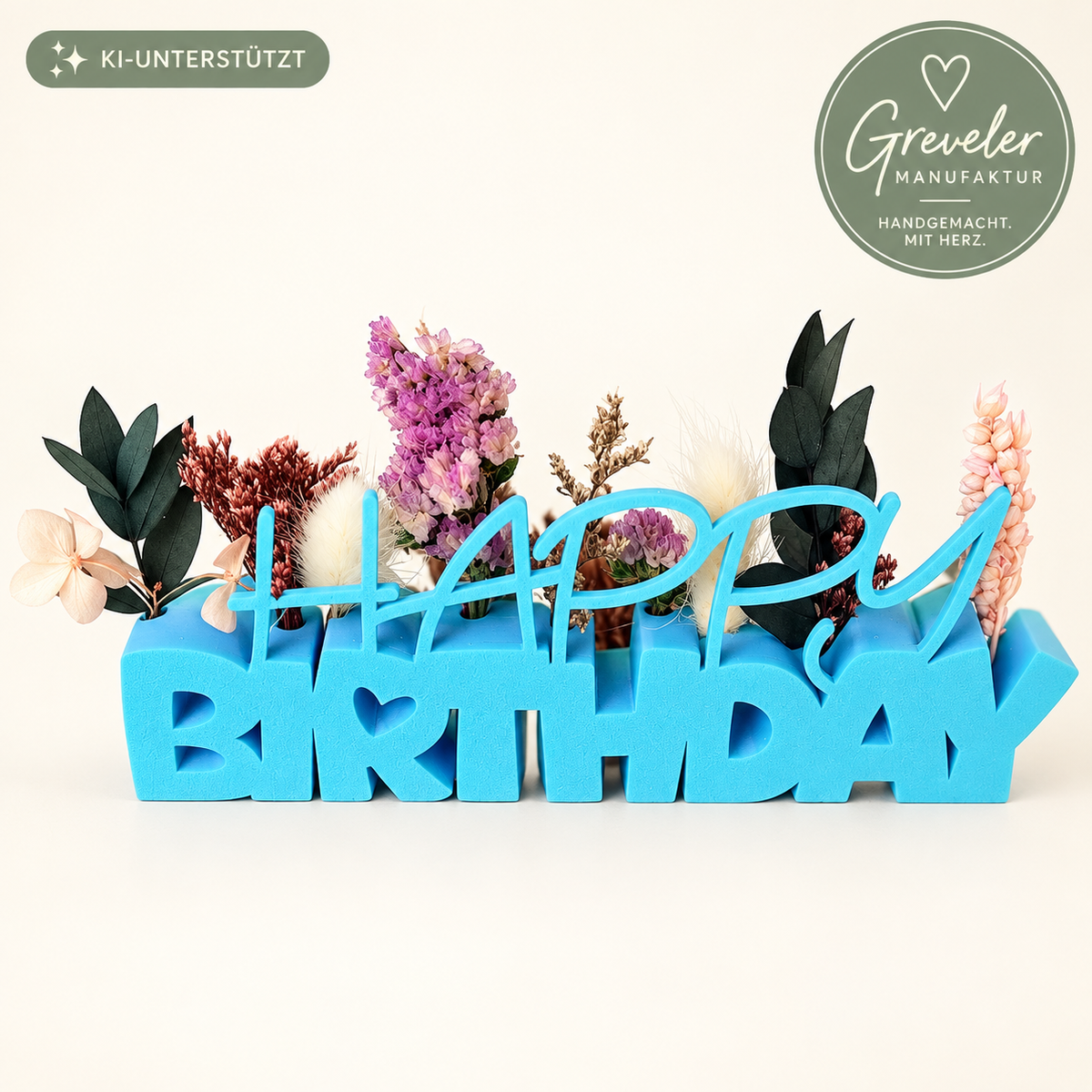 Blauer Happy Birthday Schriftzug inklusive bunter Trockenblumendeko – Greveler Manufaktur