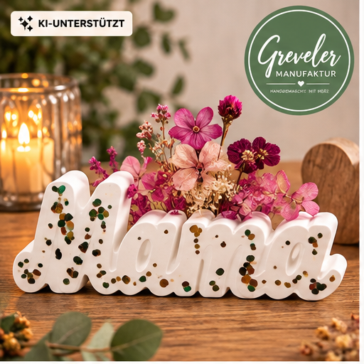 Schriftzug Mama mit Trockenblumen – Greveler Manufaktur, KI-unterstützt