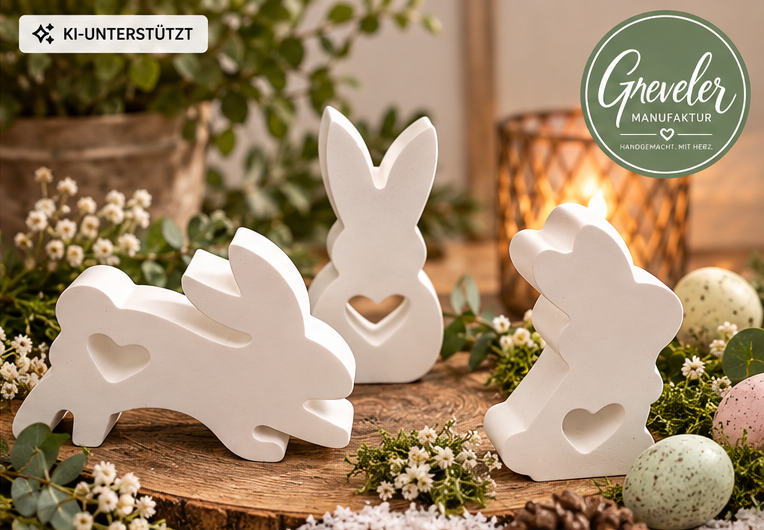 Handgefertigte Osterhasen mit Herz aus Keraflott – Greveler Manufaktur, KI-unterstützte Produktdarstellung