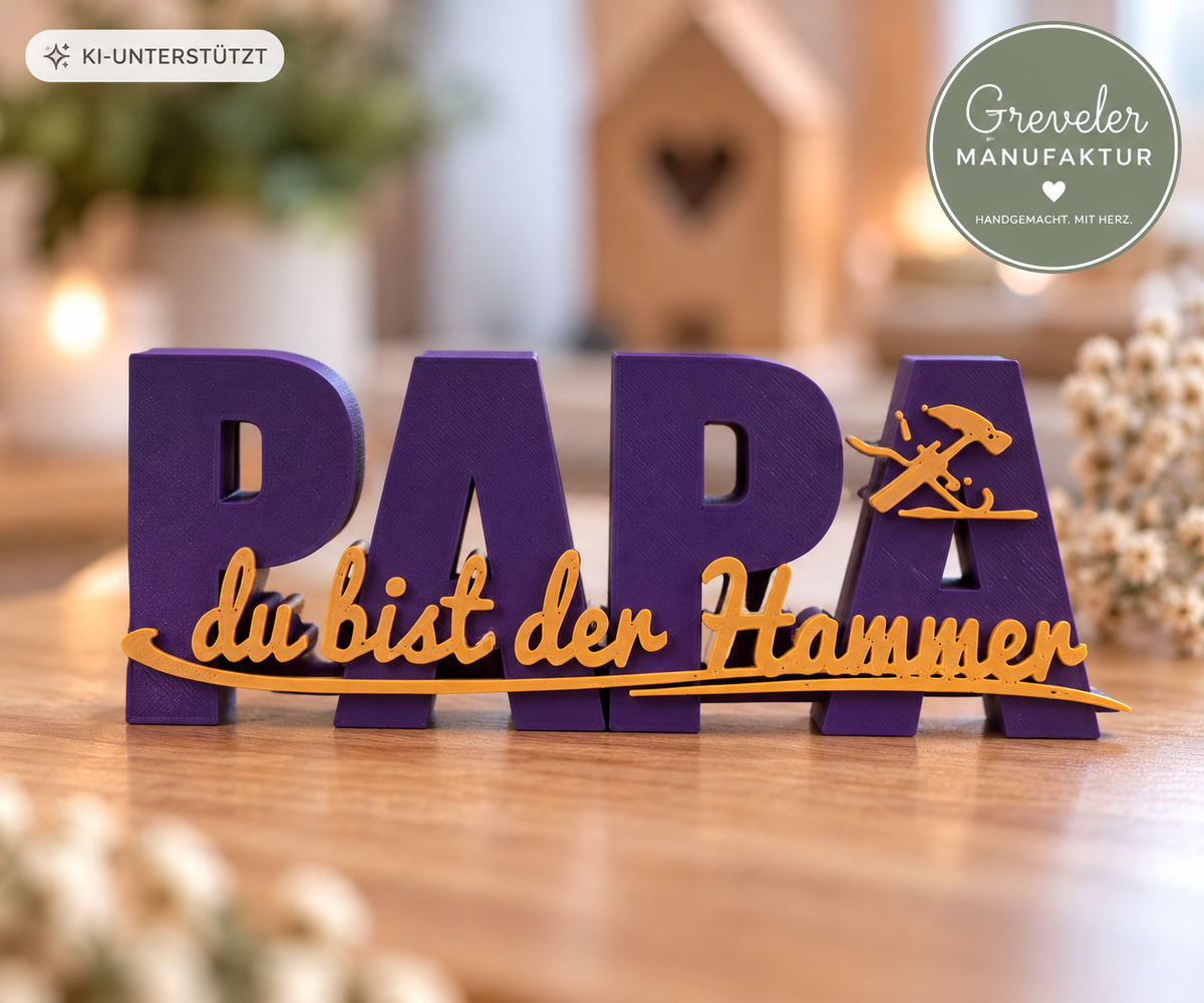 PAPA du bist der Hammer – 3D-Druck Schriftzug in Lila und Gold, Greveler Manufaktur